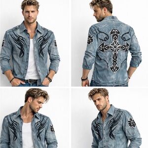 Roar Embroidered Button Up Shirt Unisex Distressed Blue Cross Gothic Western Y2K
